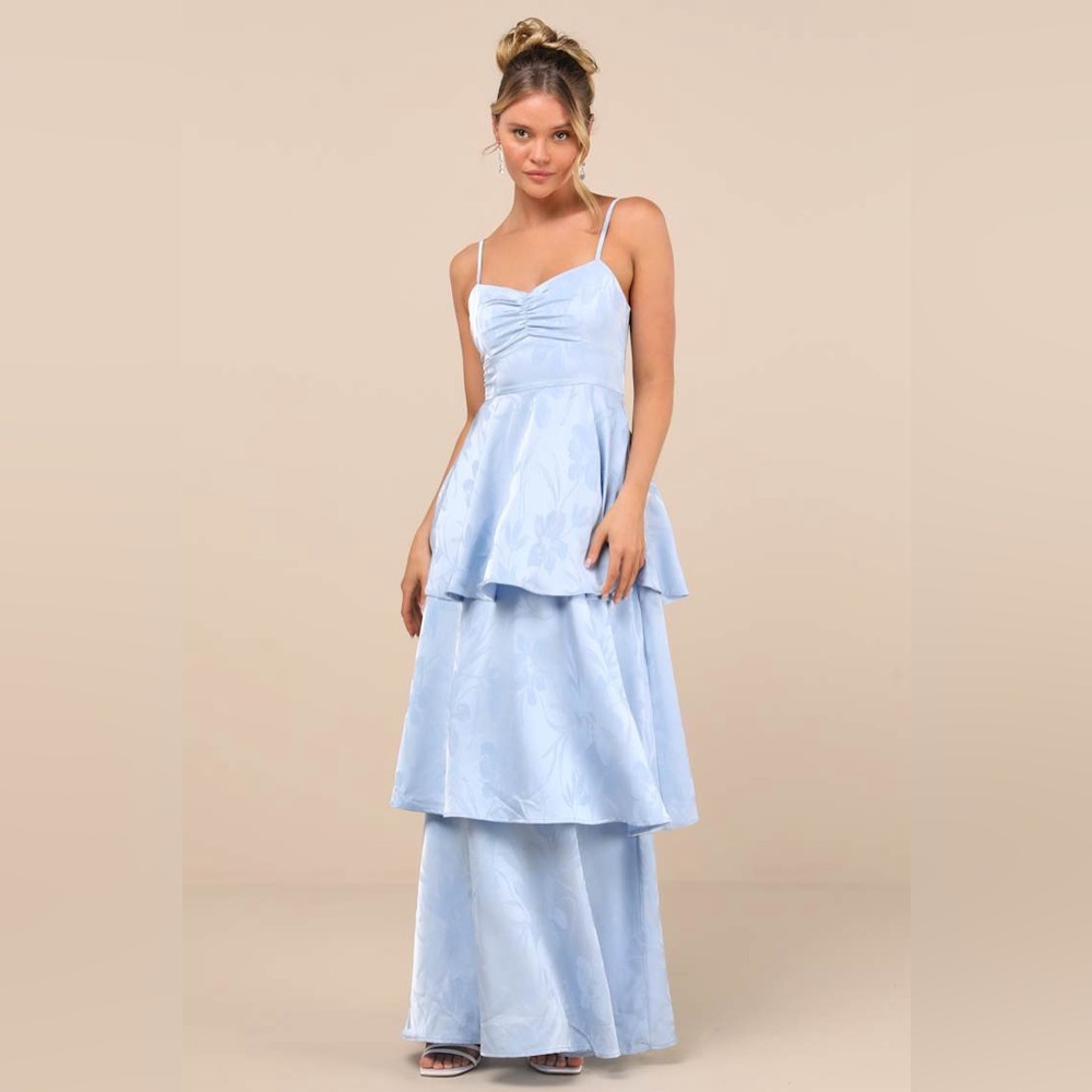 Lulus Prigette Light Blue Jacquard Tiered Maxi Dress - Size S